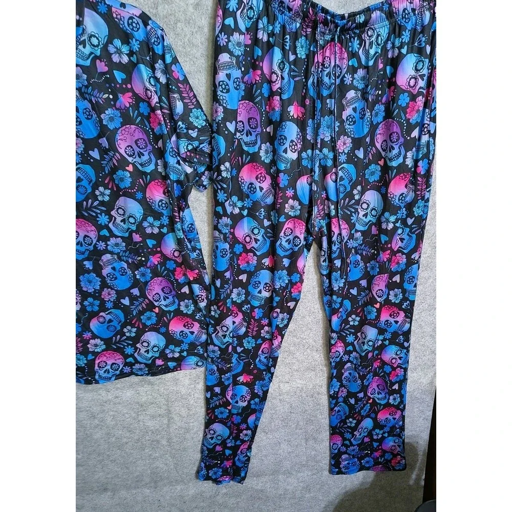 Ekouaer Satin Black Skull Skeleton Pull On Pajamas M Short Sleeve Tie Waist NWT